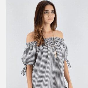 H.I.P Blue STRIPE KNOT SLEEVE OFF SHOULDER DRESS